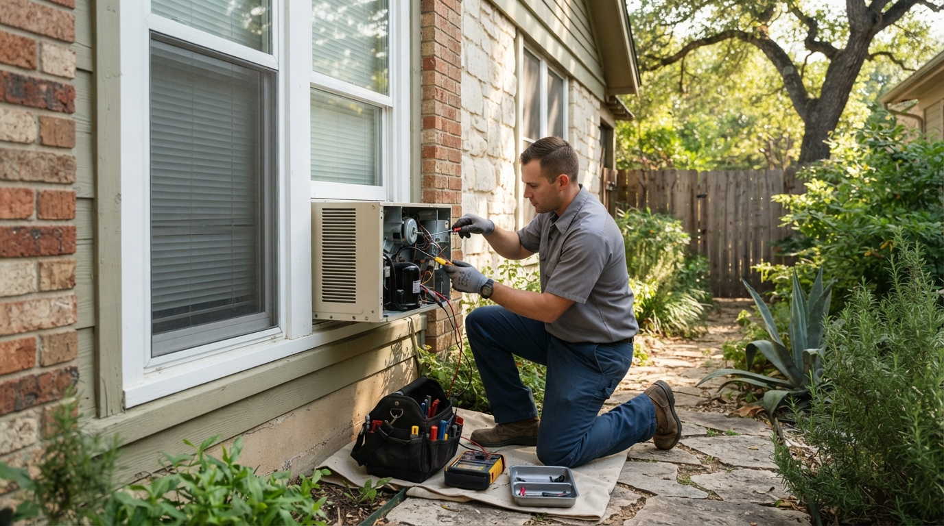 Window air conditioner installed in a residential room