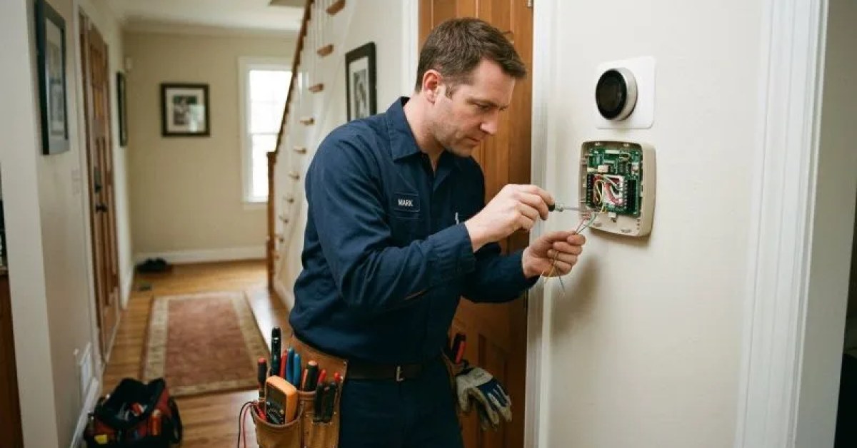 Wall-mounted home thermostat displaying temperature settings