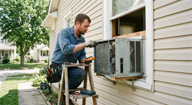 Window air conditioner controls and front grille in a home