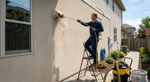 Residential dryer vent exterior connection for cleaning service