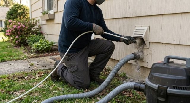 Residential dryer vent exterior connection for cleaning service