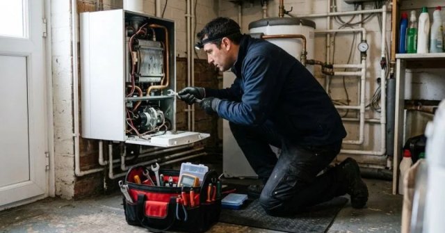 Residential boiler and connected heating pipes prepared for service evaluation
