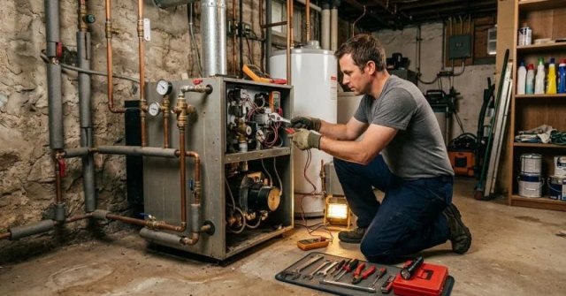 Residential boiler and connected heating pipes prepared for service evaluation