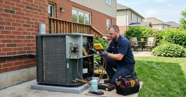 Outdoor central air conditioning unit beside a home