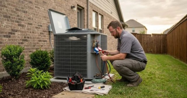 Outdoor central air conditioning unit beside a home