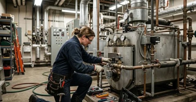 Commercial boiler room equipment and piping prepared for service evaluation