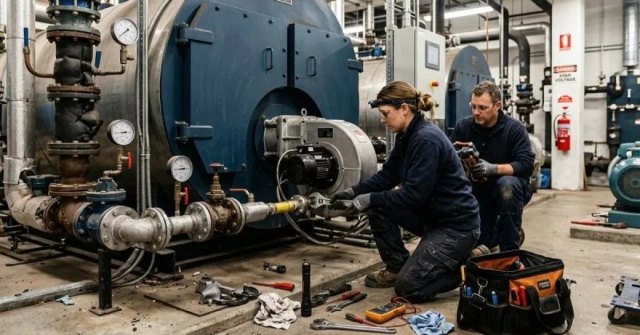 Commercial boiler room equipment and piping prepared for service evaluation
