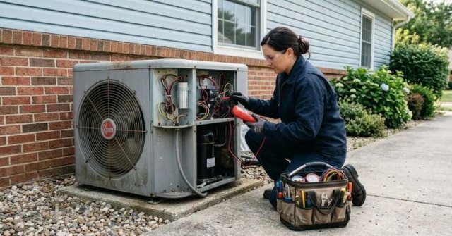 Homeowner checking a heat pump thermostat and outdoor unit
