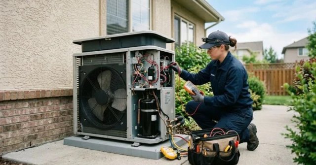 Homeowner checking a heat pump thermostat and outdoor unit