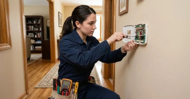 Homeowner examining a digital thermostat on a wall