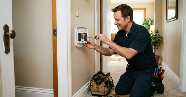 Homeowner examining a digital thermostat on a wall